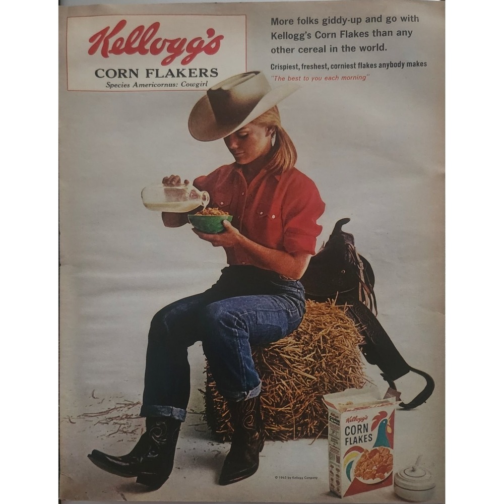 Kellogg's Corn Flakes Magazine Ad 1965 Pretty Cowgirl Western Cereal 10x13